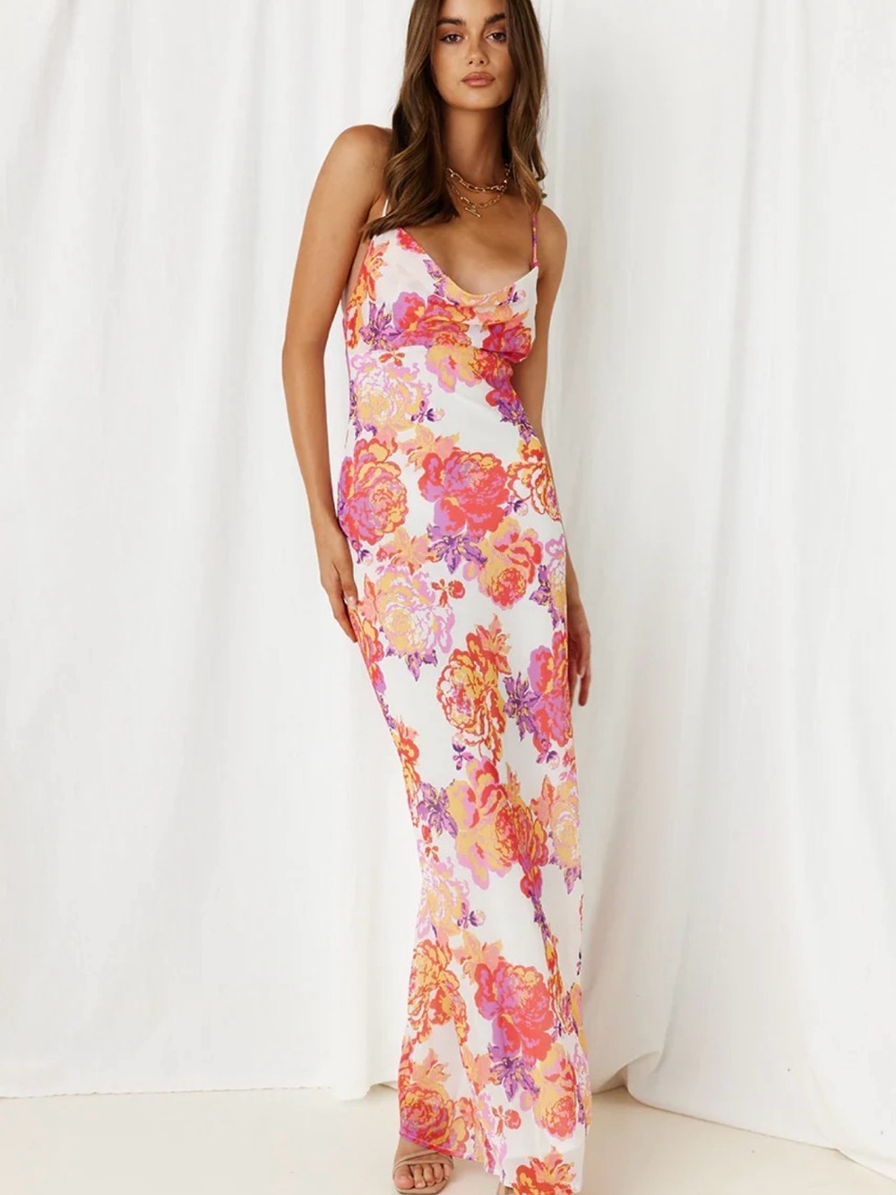 Runaway the label Elodie Floral Slip Maxi Dress in White with Pink & Orange